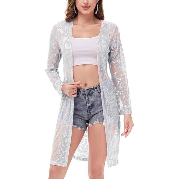 Women's Sequin Kimono Long Sleeve Glitter Open Front Casual Party Cover Up